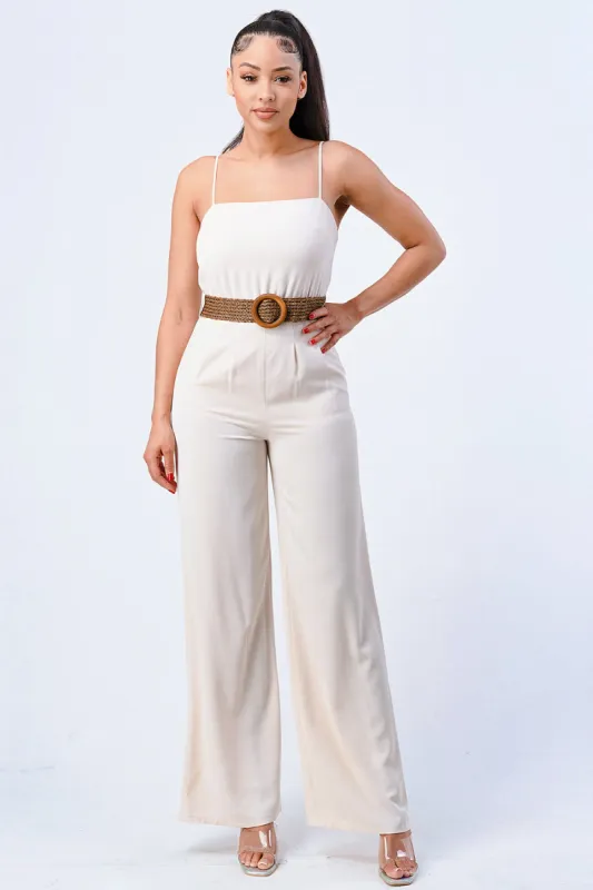 LUX STRETCH WOVEN WOODEN WAIST BELT JUMPSUIT sold by privy
