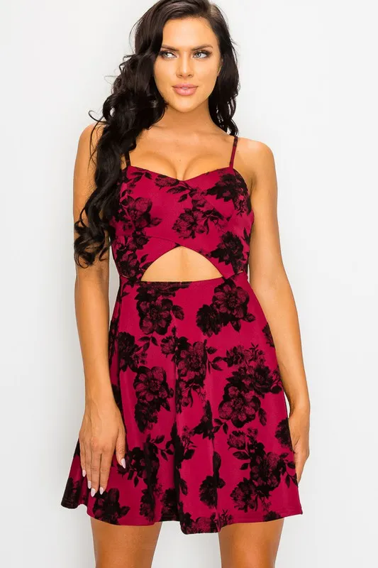 FLORAL VELVET MIDRIFF FIT AND FLARE DRESS sold by privy