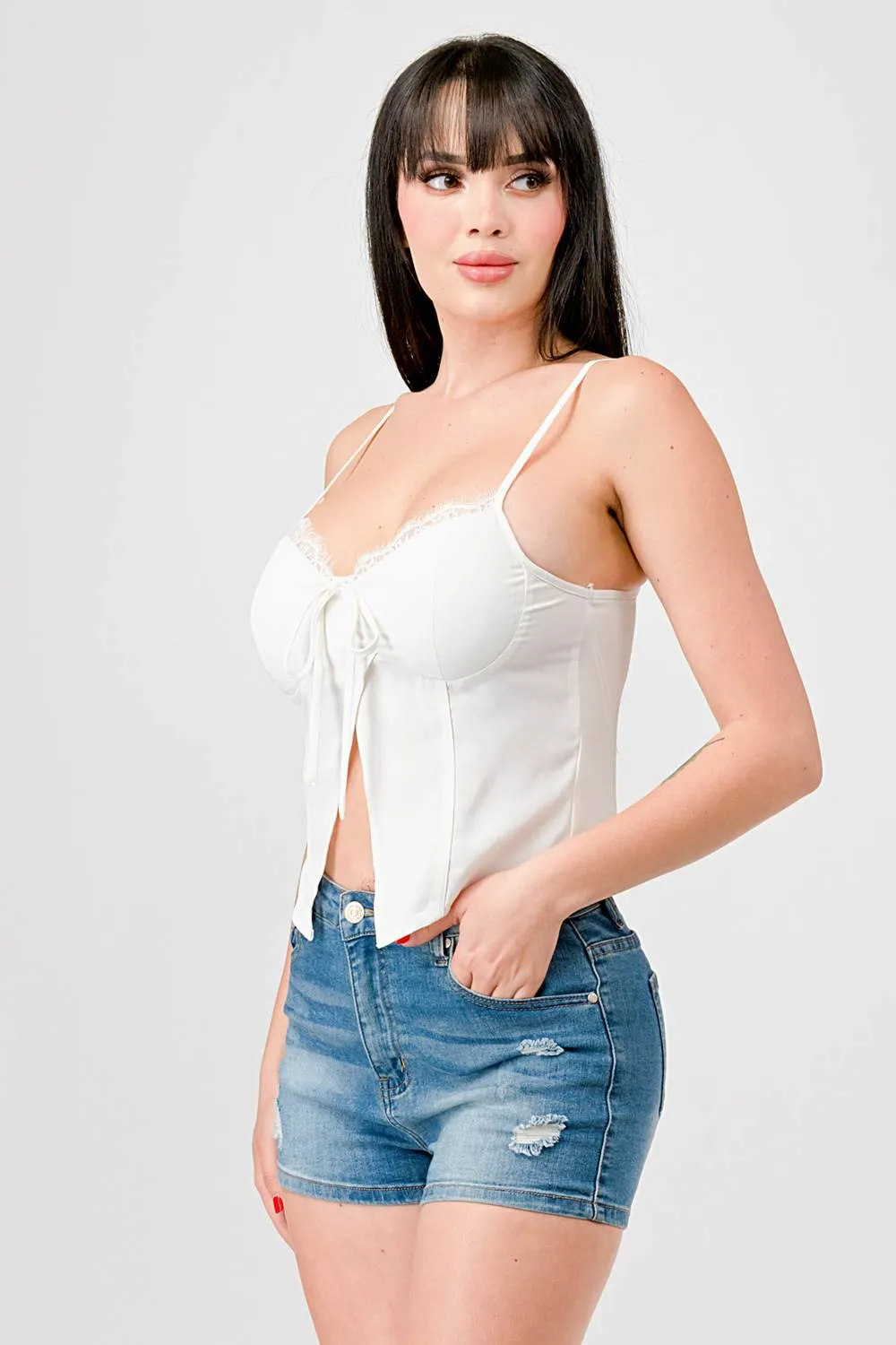 LUXE LACE TRIM SWEETHEART DRAWSTRING BOW CAMI TOP sold by privy product image thumbnail 2