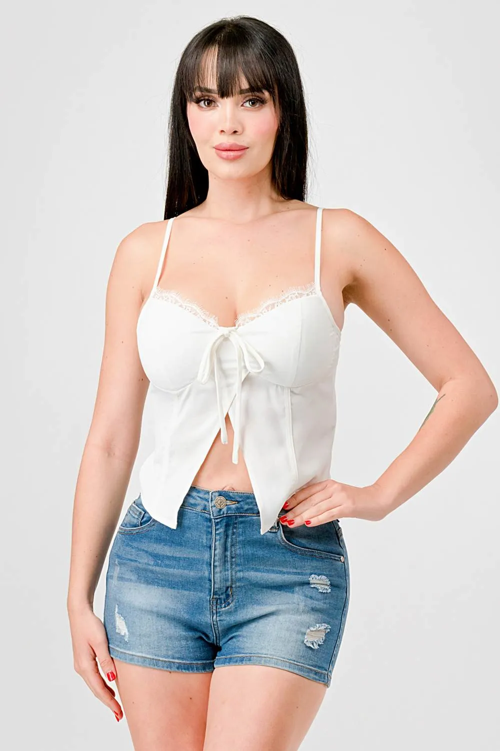 LUXE LACE TRIM SWEETHEART DRAWSTRING BOW CAMI TOP sold by privy