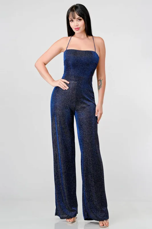 CLASSY NYLON GLITTER CROSSED BACK JUMPSUIT sold by privy