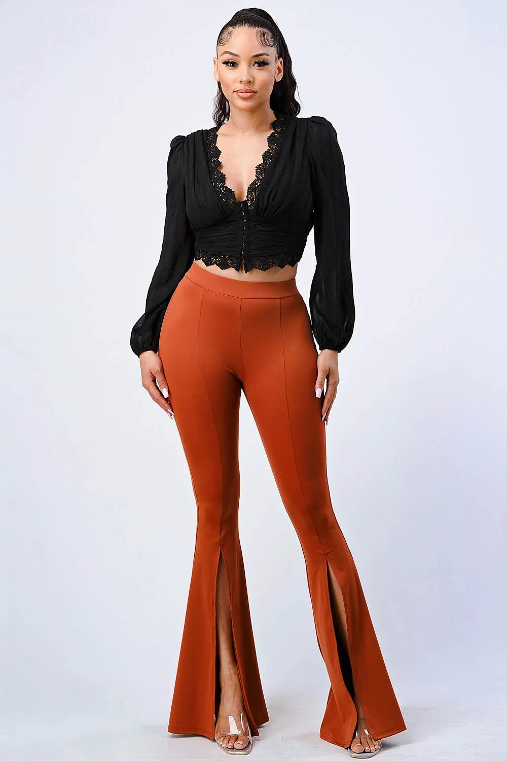 LUXE ELASTIC WAIST SLIT WIDE PANTS sold by privy