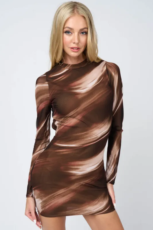 SEXY BRUSH PRINT MESH OPEN BACK STRETCH MINI DRESS sold by privy
