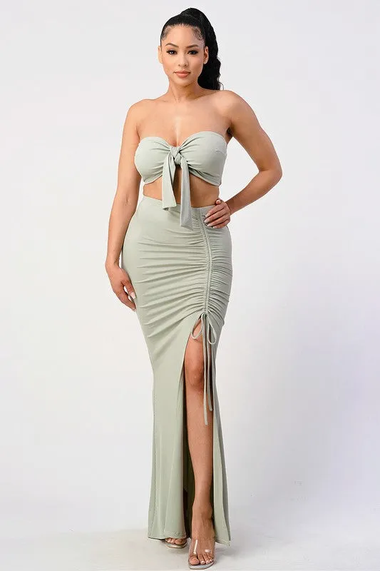FRONT TIE BANDEAU TOP AND SIDE SLIT MAXI SKIRT SET sold by privy product image thumbnail 5