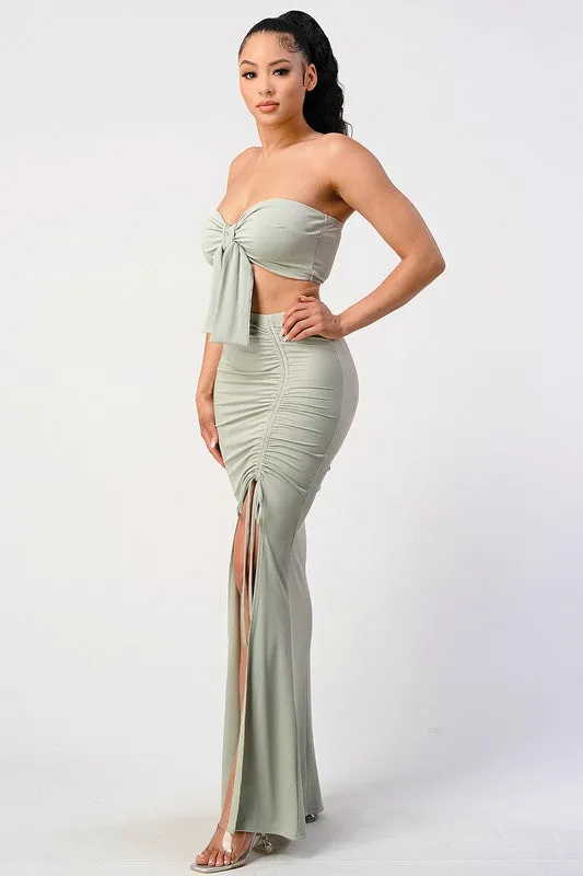 FRONT TIE BANDEAU TOP AND SIDE SLIT MAXI SKIRT SET sold by privy product image thumbnail 4