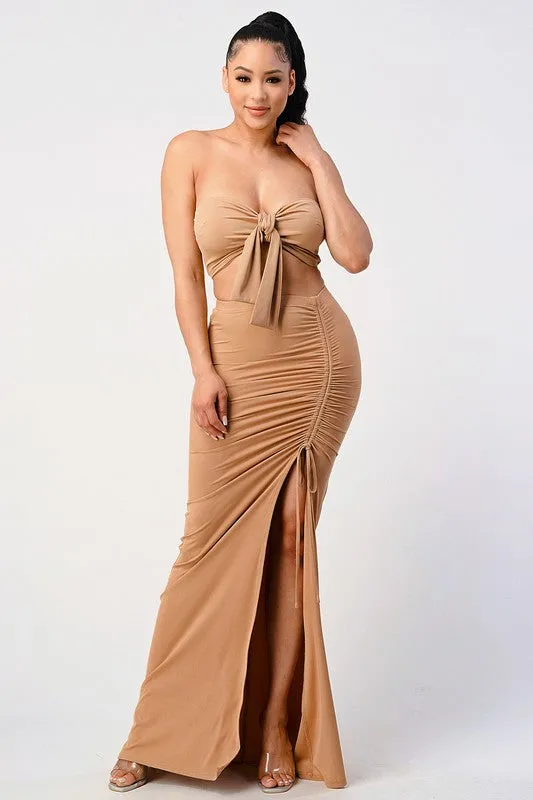 FRONT TIE BANDEAU TOP AND SIDE SLIT MAXI SKIRT SET sold by privy