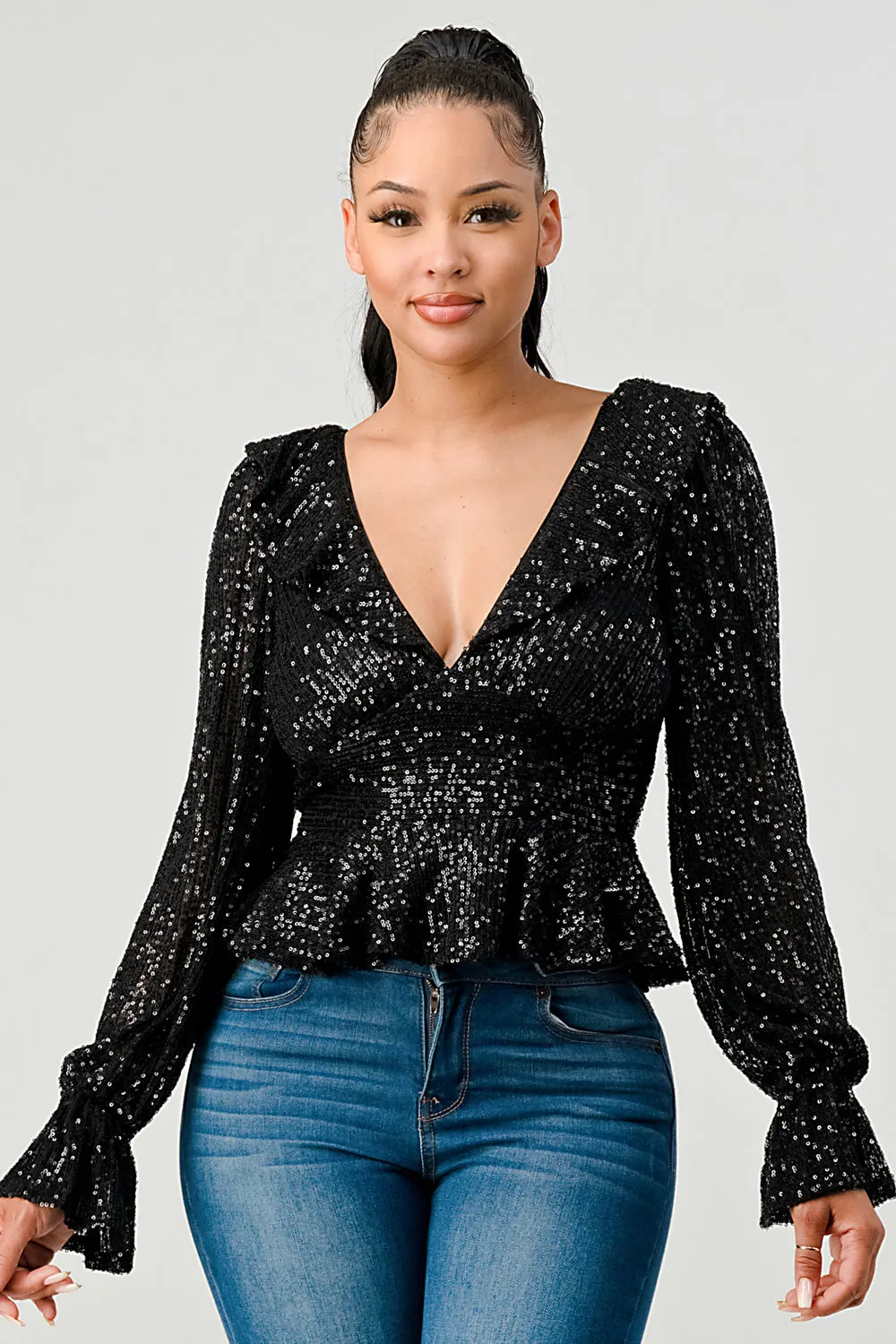 LUX SEQUINS RUFFLED OPEN BACK TIE PUFF SLEEVES TOP sold by privy