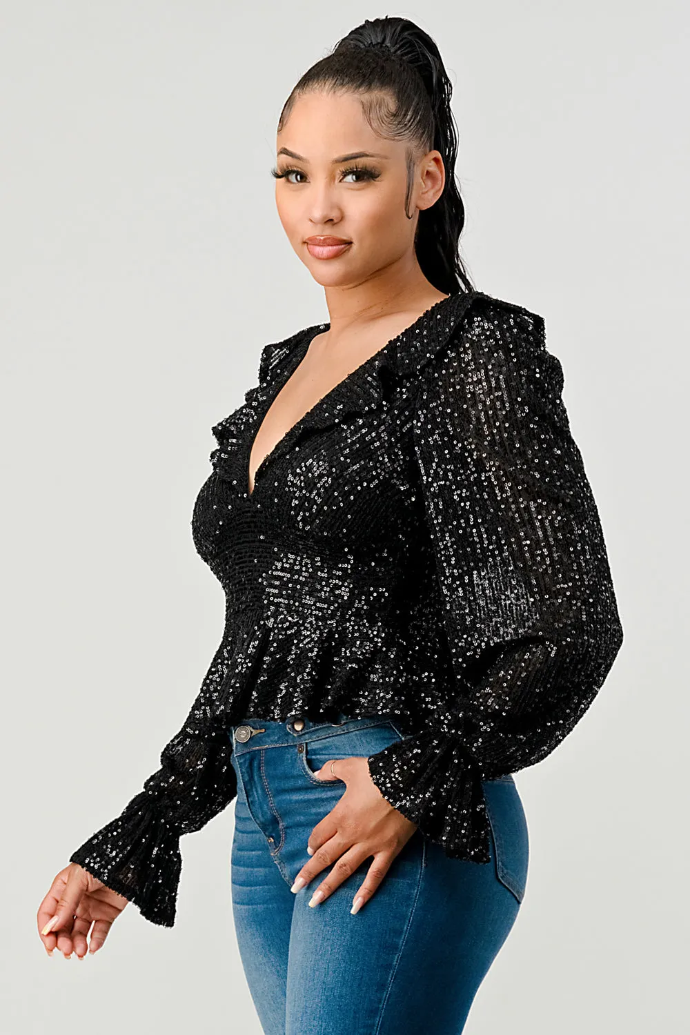 LUX SEQUINS RUFFLED OPEN BACK TIE PUFF SLEEVES TOP sold by privy product image thumbnail 2