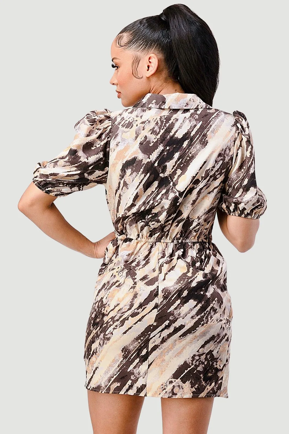 PAINTING PRINT COLLARED WAIST TIE WRAP MINI DRESS sold by privy product image thumbnail 3