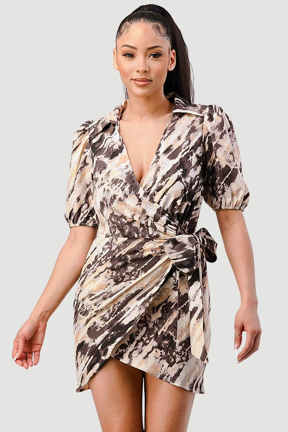 PAINTING PRINT COLLARED WAIST TIE WRAP MINI DRESS sold by privy