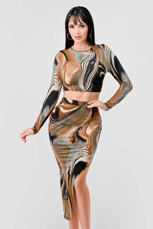 VENCHIA PRINT CROPPED TOP AND ASYMMETRIC HEM SKIRT sold by privy