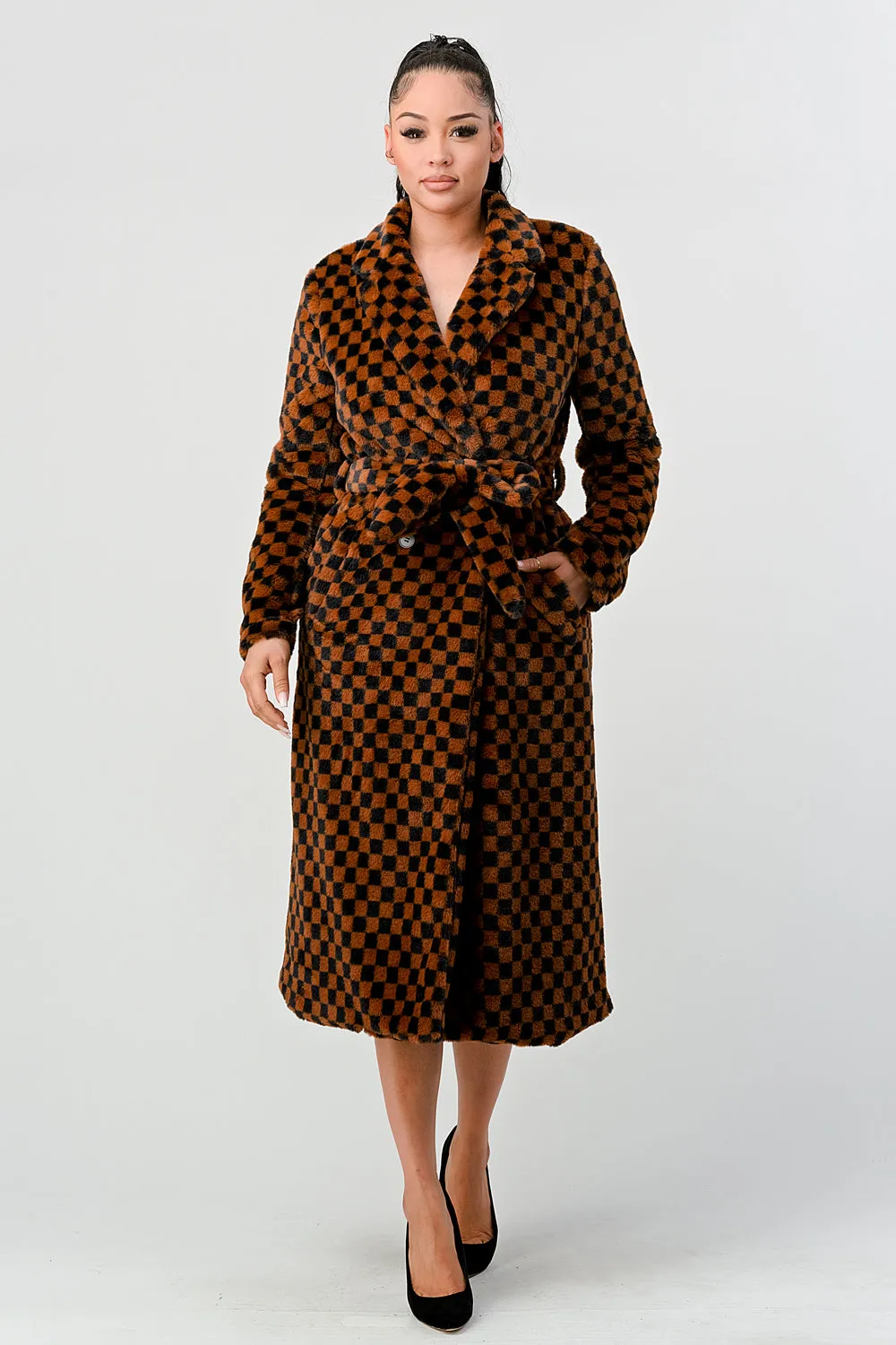 LUX FUR CHECKER PRINT WAIST TIE POCKETS LONG COAT sold by privy product image thumbnail 4