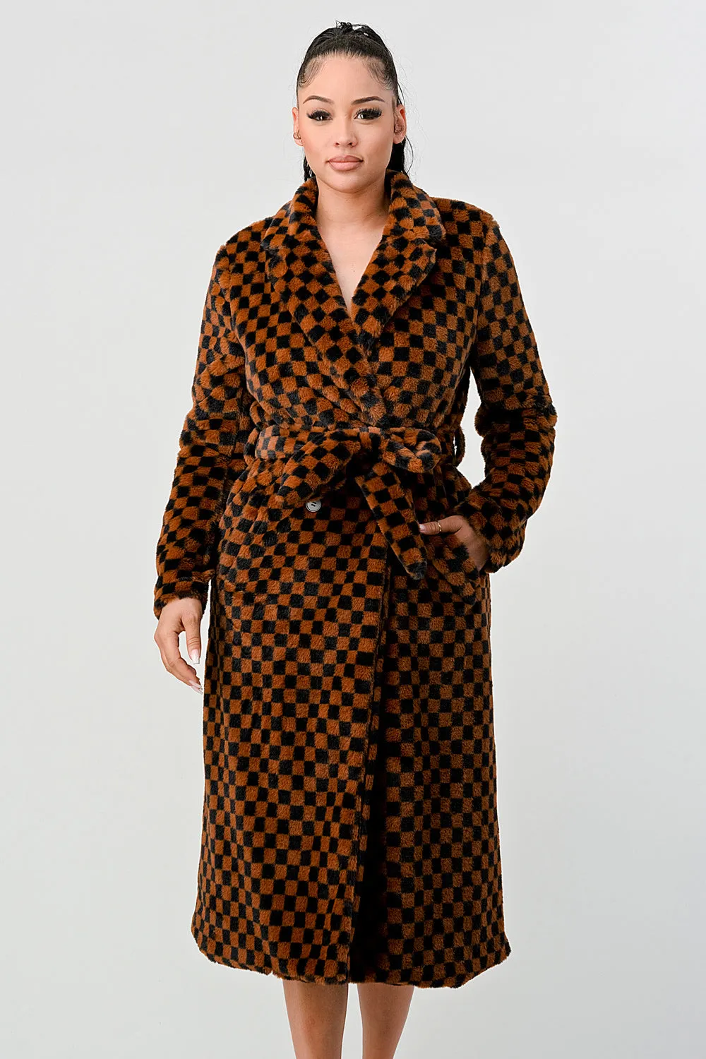 LUX FUR CHECKER PRINT WAIST TIE POCKETS LONG COAT sold by privy