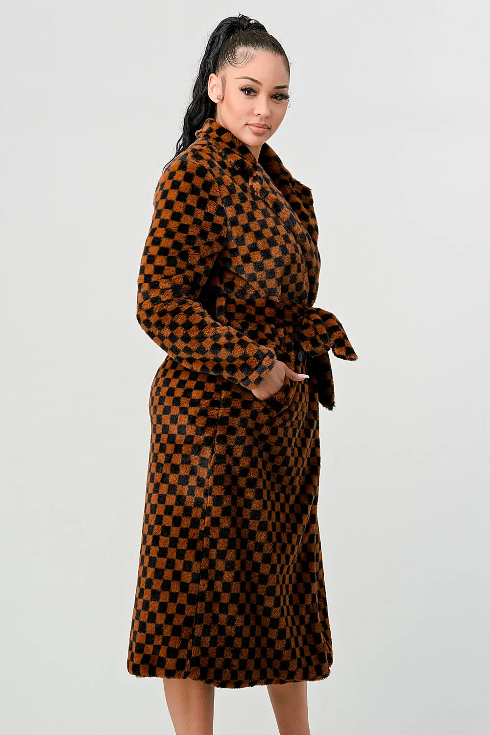 LUX FUR CHECKER PRINT WAIST TIE POCKETS LONG COAT sold by privy product image thumbnail 2