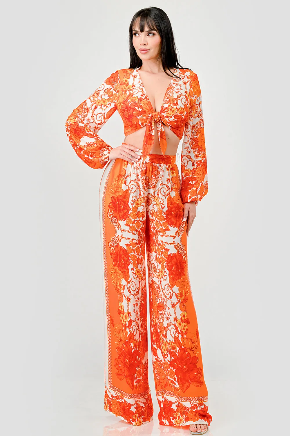 WOOLDOBBY KNOT TIE FRONT CROPPED TOP AND PANTS SET sold by privy