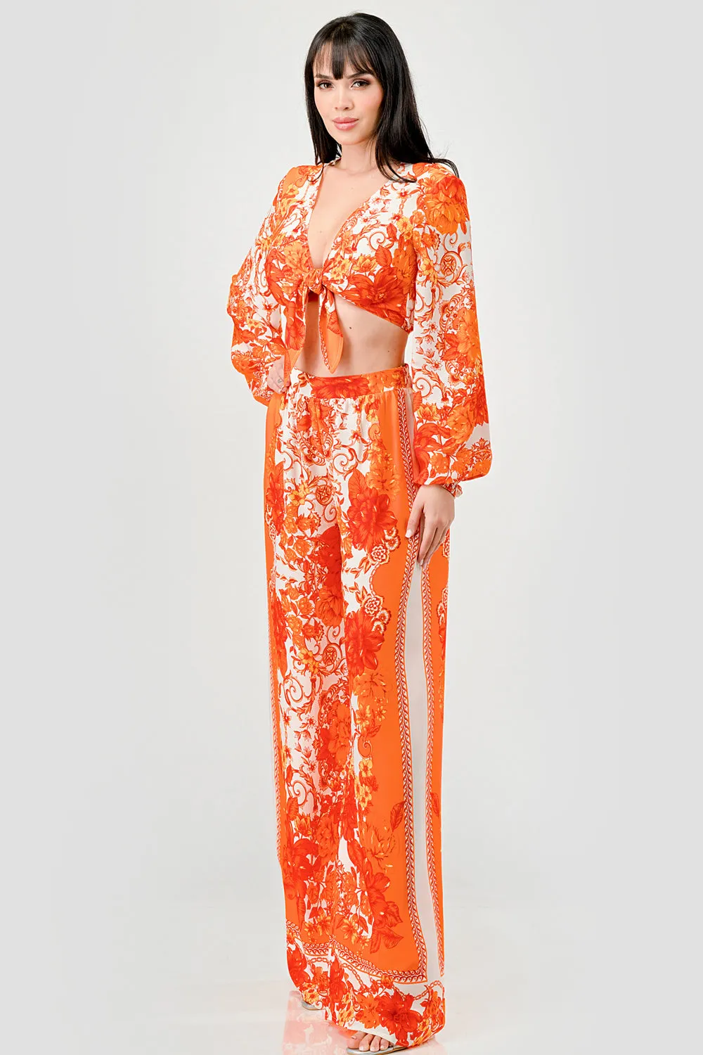 WOOLDOBBY KNOT TIE FRONT CROPPED TOP AND PANTS SET sold by privy product image thumbnail 2