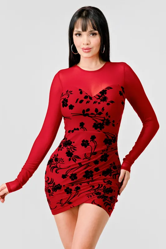 LUXE FLORAL VELVET FLOCKING MESH MINI DRESS sold by privy