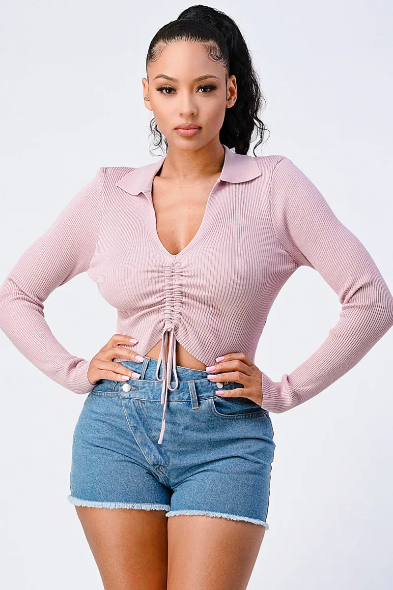 TRENDY FRONT SHIRRING DETAIL COLLARED KNIT TOP sold by privy