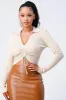 TRENDY FRONT SHIRRING DETAIL COLLARED KNIT TOP sold by privy