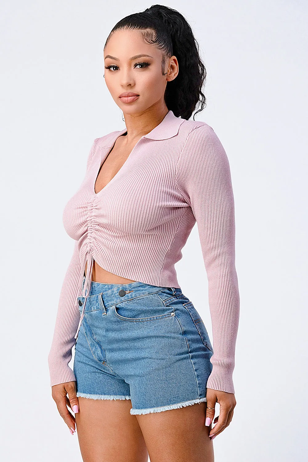 TRENDY FRONT SHIRRING DETAIL COLLARED KNIT TOP sold by privy product image thumbnail 2