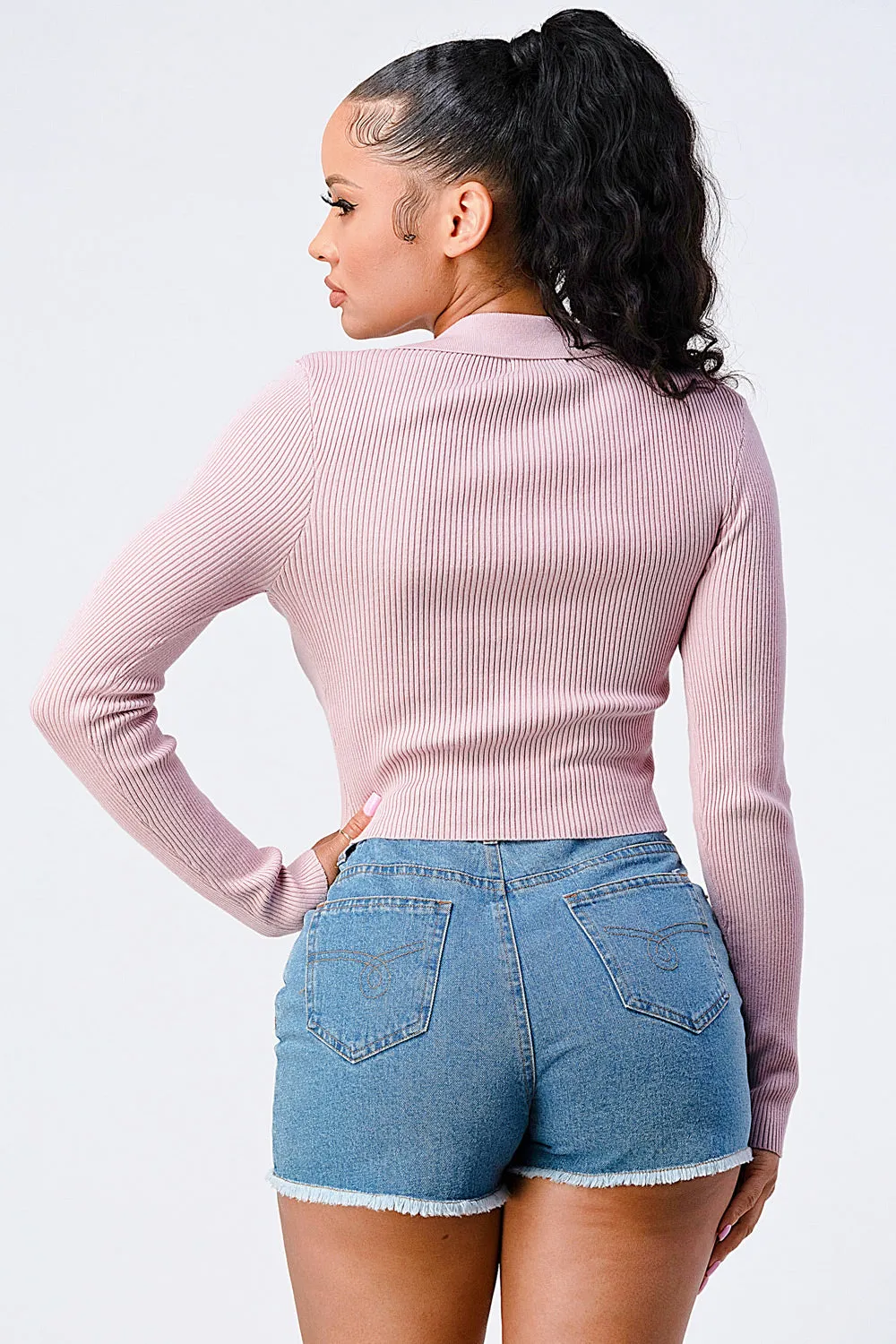 TRENDY FRONT SHIRRING DETAIL COLLARED KNIT TOP sold by privy product image thumbnail 3