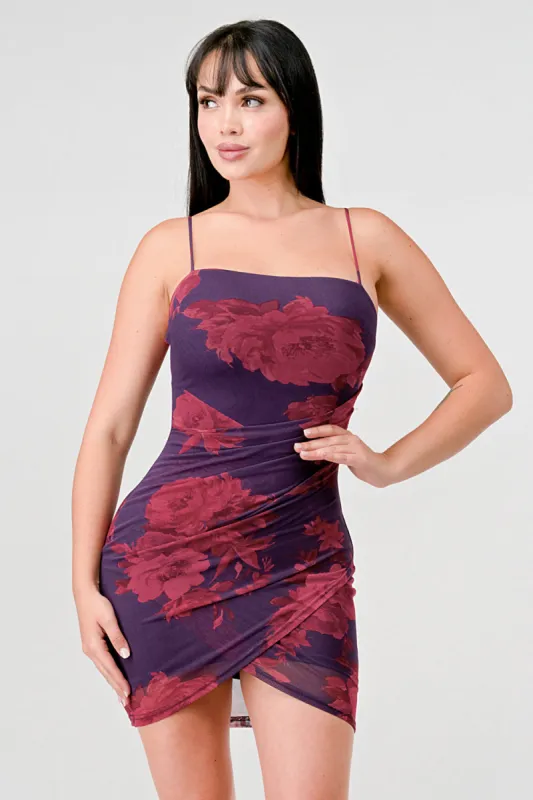 MESH FLORAL PRINT TULIP HEM BODYCON MINI DRESS sold by privy