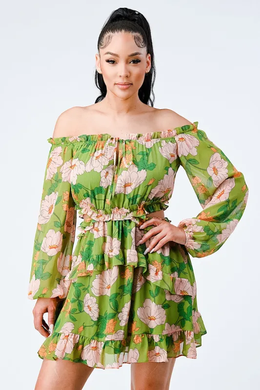 FLORAL CHIFFON SMOCKED RUFFLED OFF SHOULDER DRESS sold by privy
