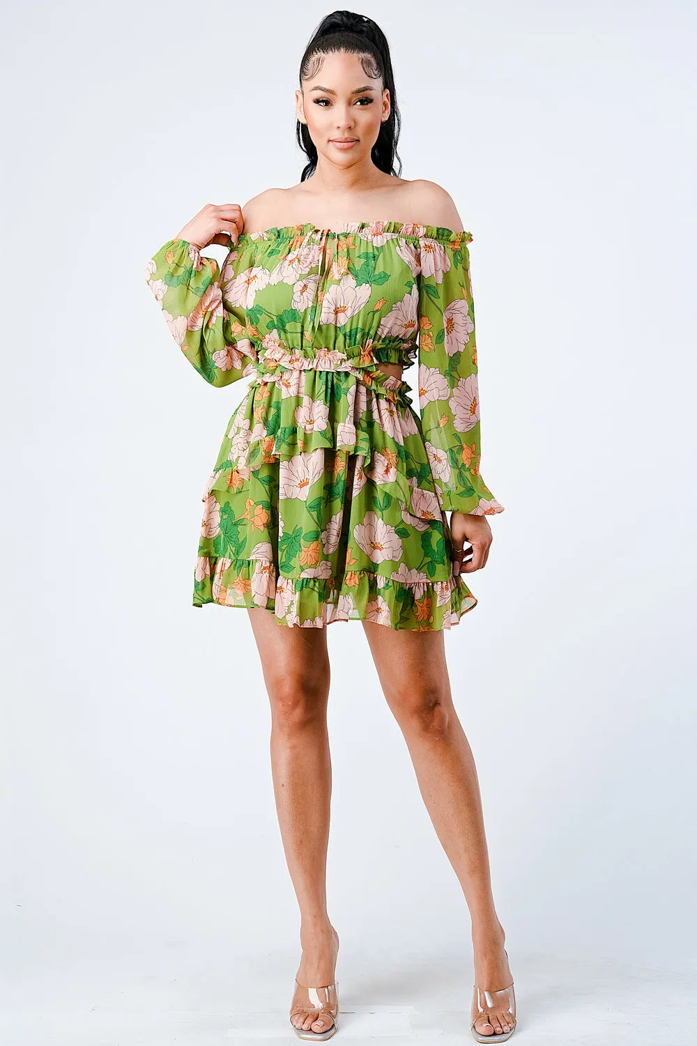 FLORAL CHIFFON SMOCKED RUFFLED OFF SHOULDER DRESS sold by privy product image thumbnail 5