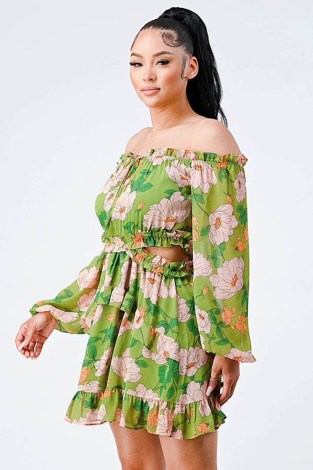 FLORAL CHIFFON SMOCKED RUFFLED OFF SHOULDER DRESS sold by privy product image thumbnail 2