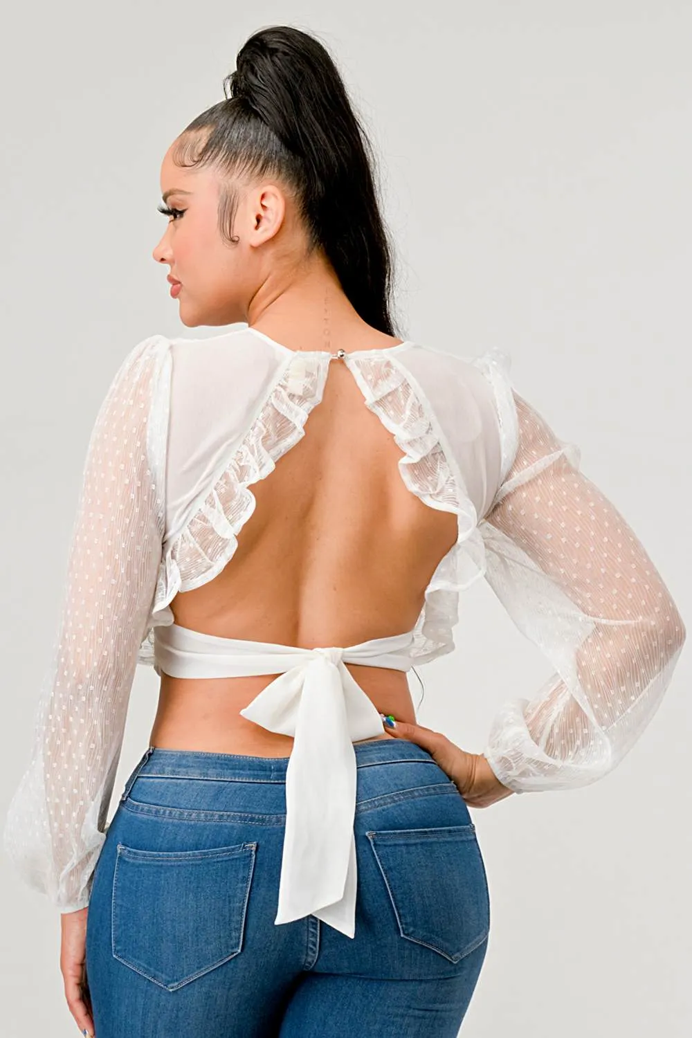 LUXE CHIFFON V-NECK RUFFLD OPEN BACK TIE CROP TOP sold by privy