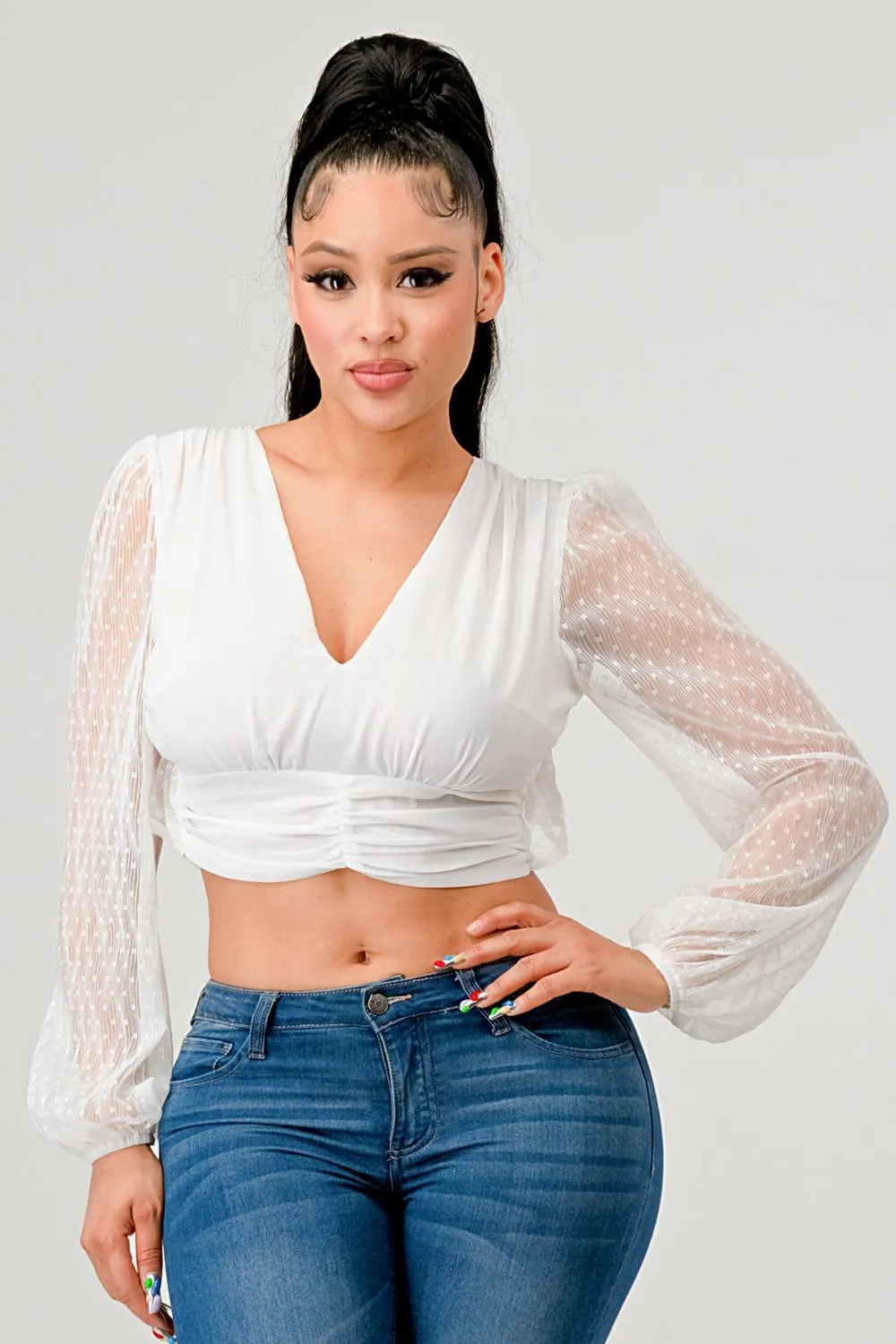LUXE CHIFFON V-NECK RUFFLD OPEN BACK TIE CROP TOP sold by privy product image thumbnail 2