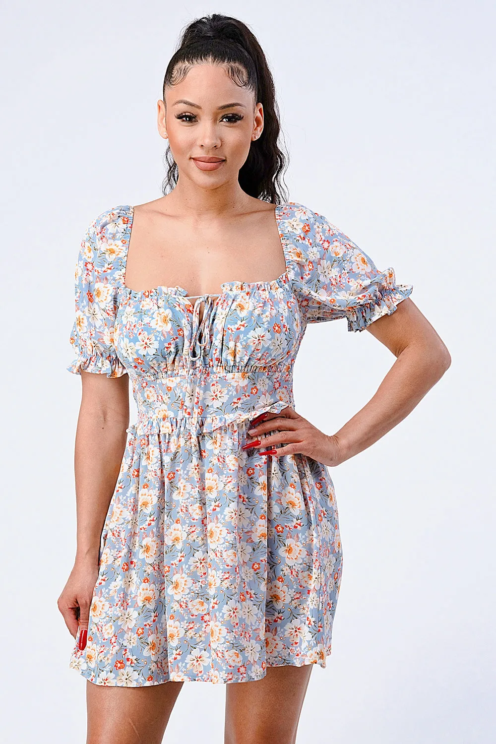 FLORAL SMOCKED SWEETHEART PUFF RUFFLED DRESS sold by privy