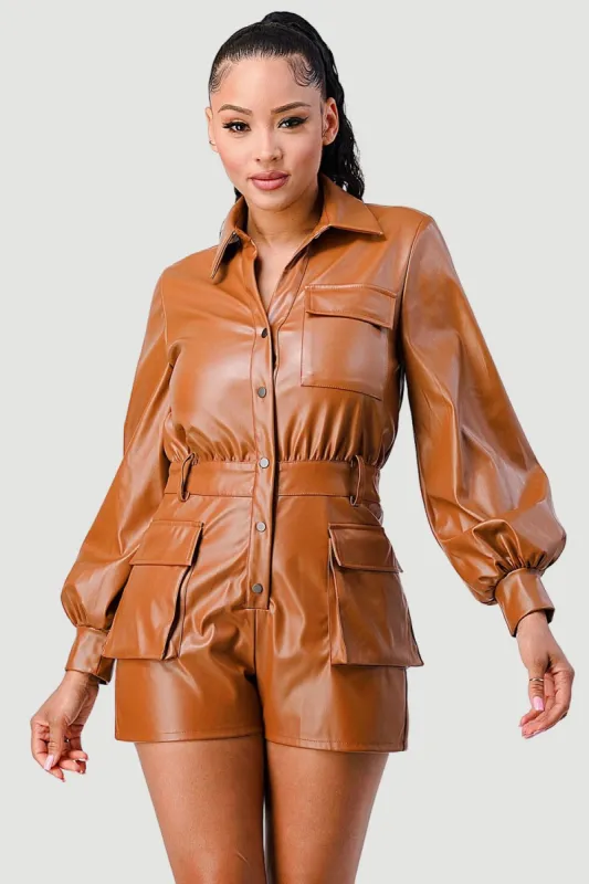 CHIC SUPER STRETCH FAUX LEATHER BUTTON UP ROMPER sold by privy