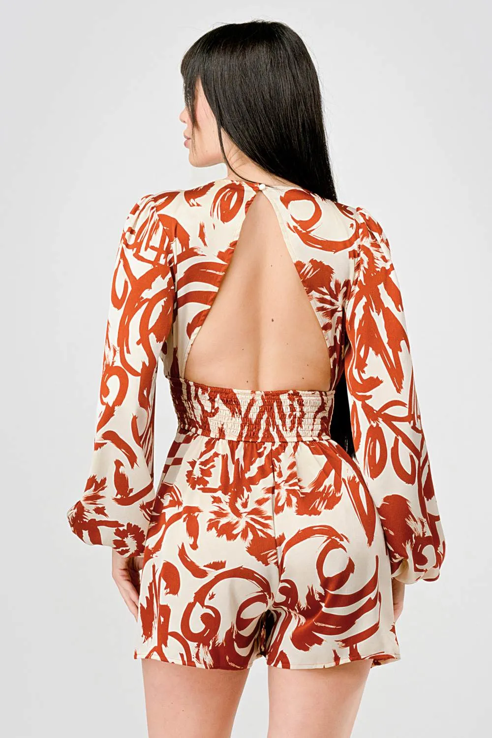 LUXE BOHO PRINT SATIN V NECK OPEN BACK ROMPER sold by privy product image thumbnail 3