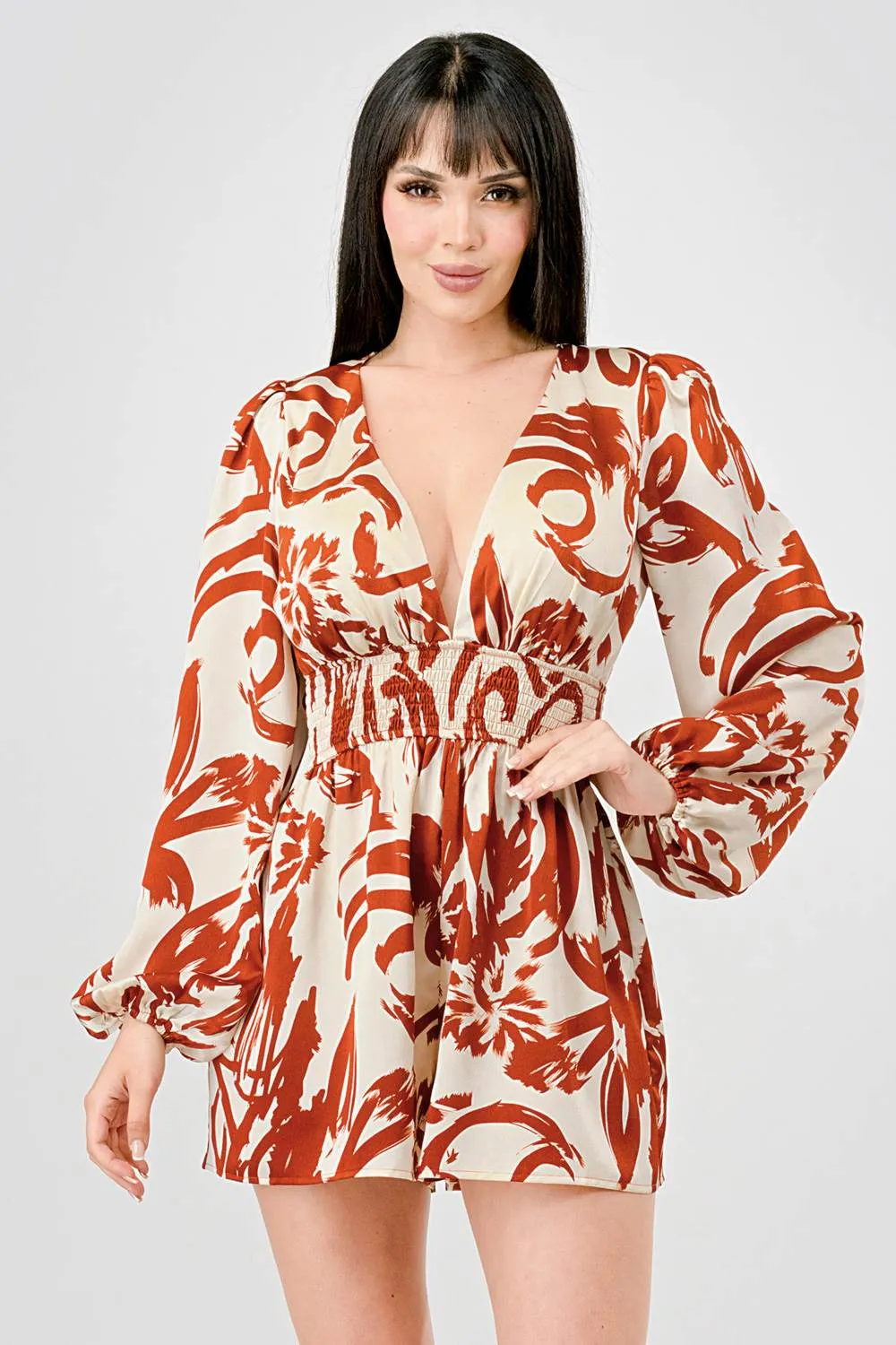 LUXE BOHO PRINT SATIN V NECK OPEN BACK ROMPER sold by privy