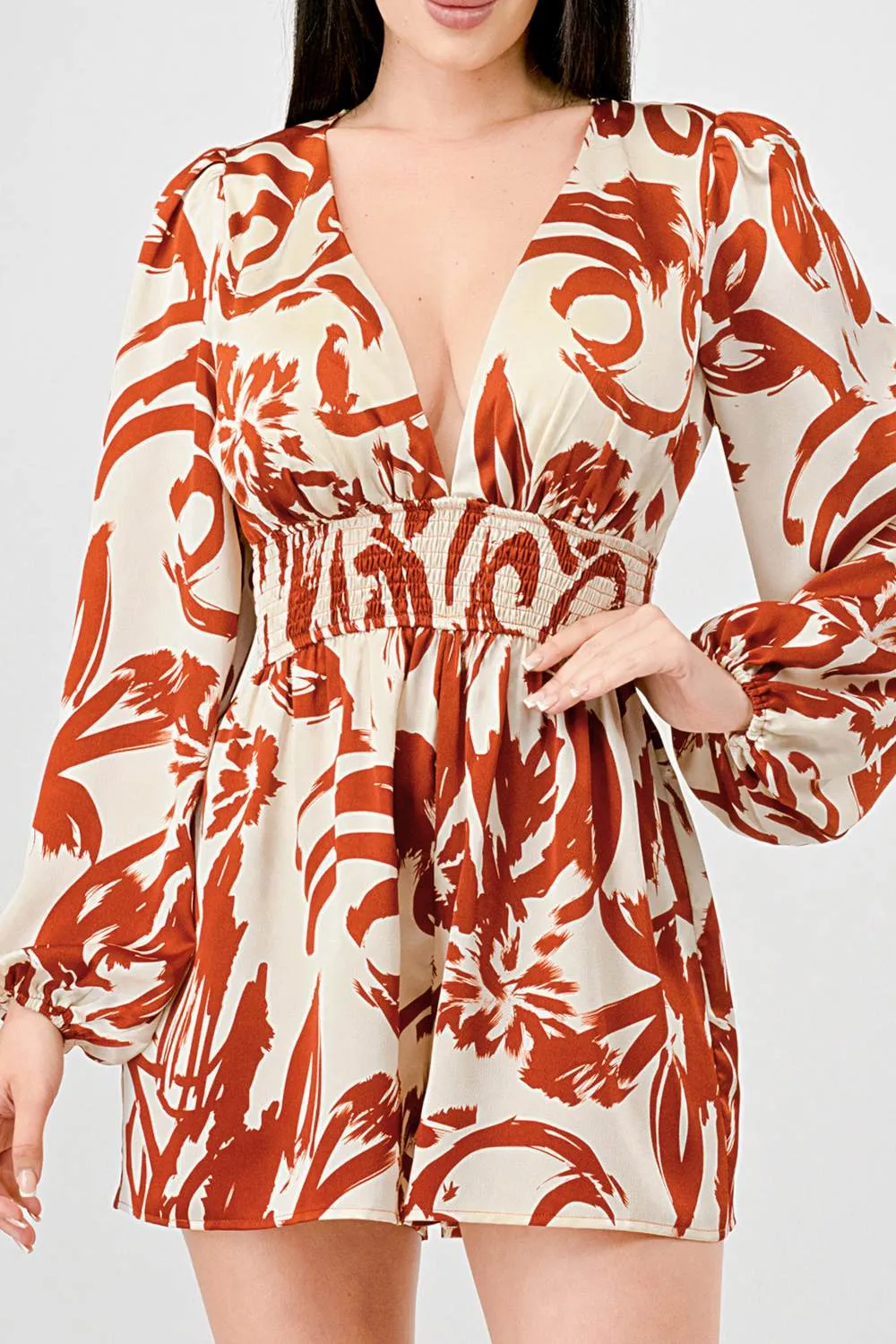 LUXE BOHO PRINT SATIN V NECK OPEN BACK ROMPER sold by privy product image thumbnail 5