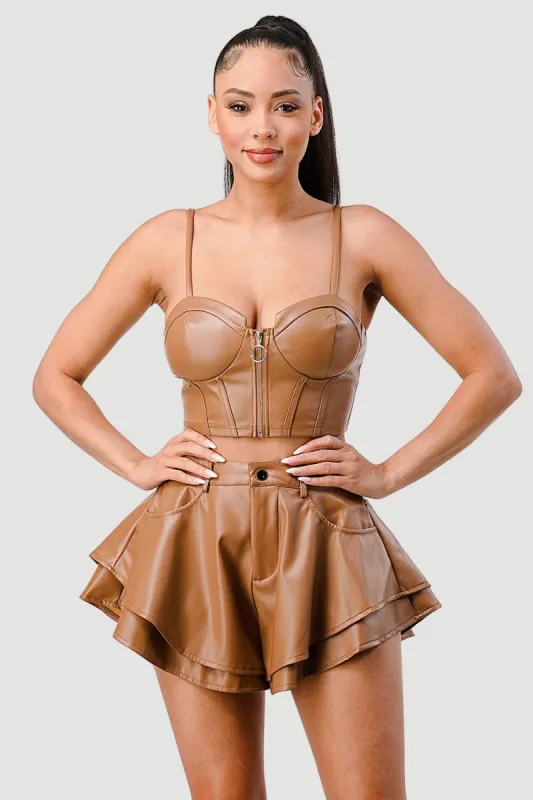 FAUX LEATHER CORSET TOP AND FLARED SHORTS SET sold by privy