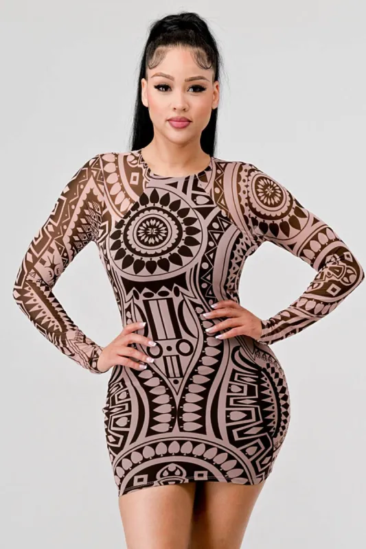 SEXY MESH PRINTED LONG SLEEVE OPEN BACK MINI DRESS sold by privy