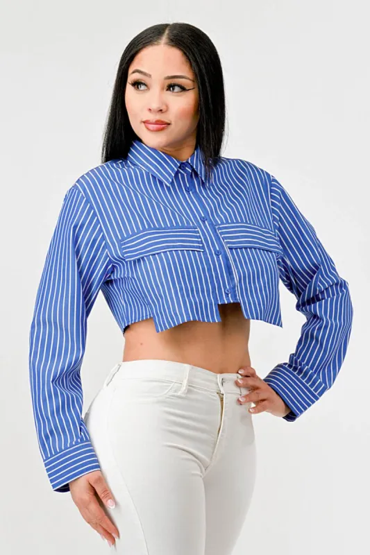 STRIPE POPLIN COLLARED BUTTON DOWN CROPPED TOP sold by privy