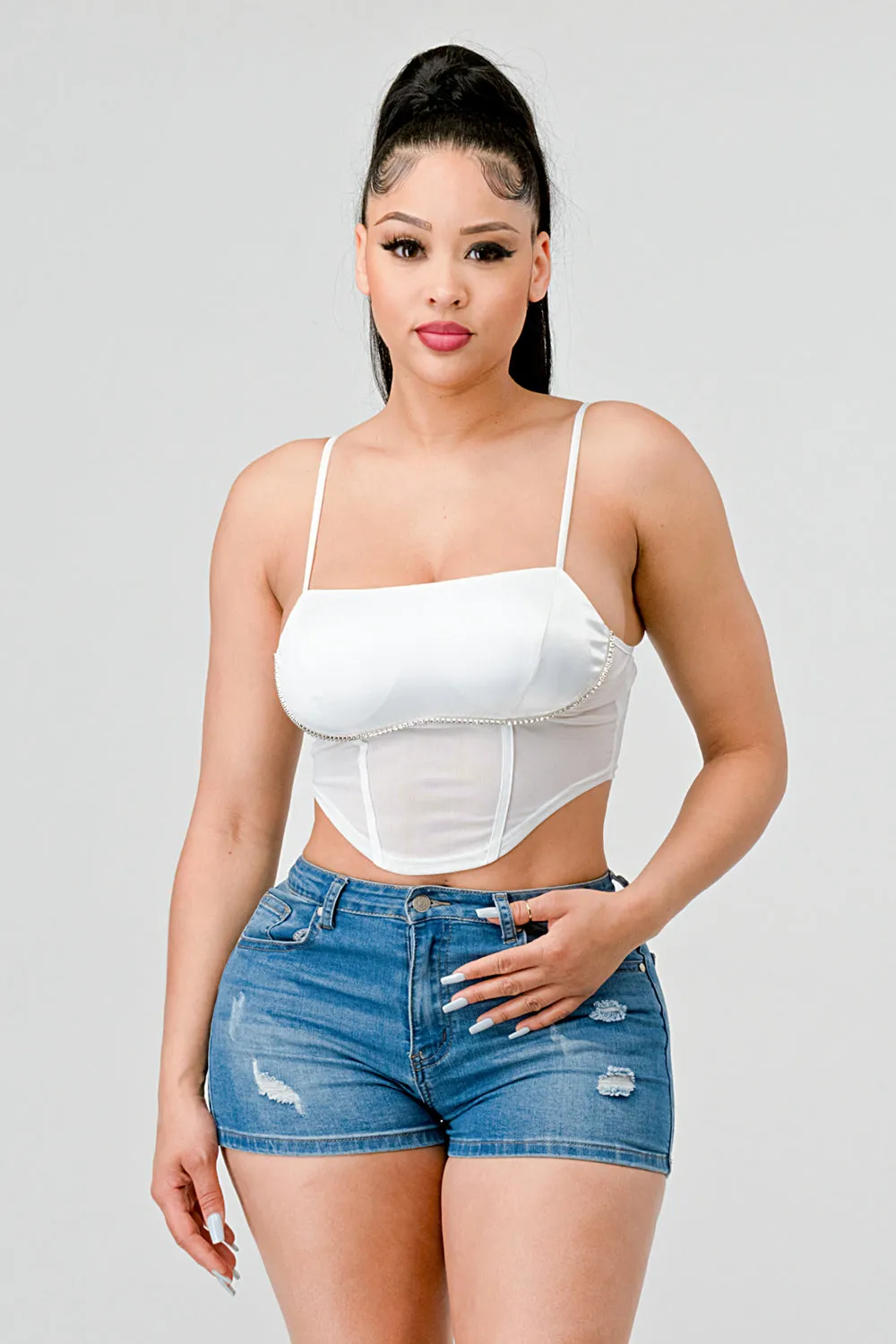 LUXE SATIN SWEETHEART RHINESTONE MESH BUSTIER sold by privy