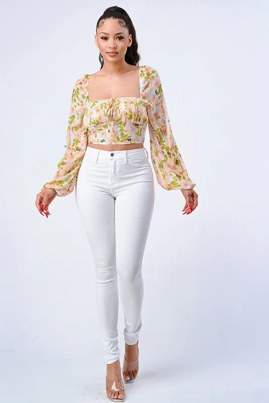 FLORAL SQUARE NECK SMOCKED LONG BUBBLE SLEEVES TOP sold by privy product image thumbnail 5