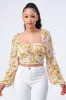 FLORAL SQUARE NECK SMOCKED LONG BUBBLE SLEEVES TOP sold by privy