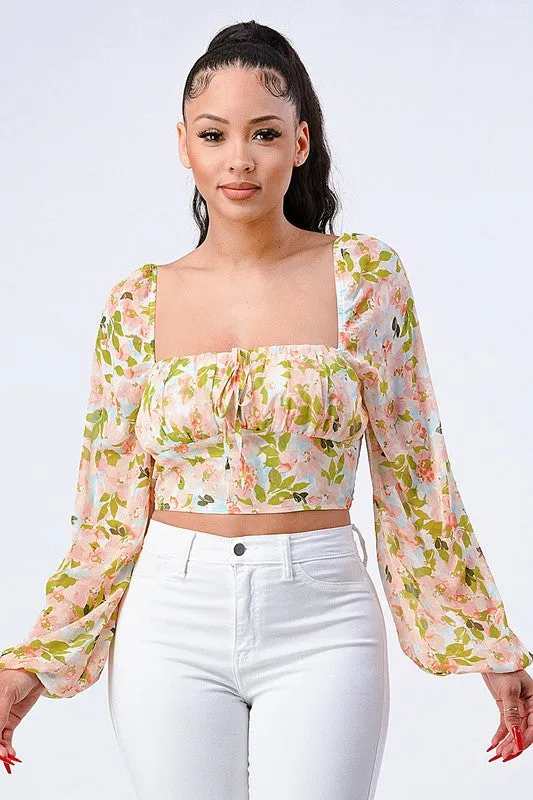 FLORAL SQUARE NECK SMOCKED LONG BUBBLE SLEEVES TOP sold by privy product image thumbnail 2