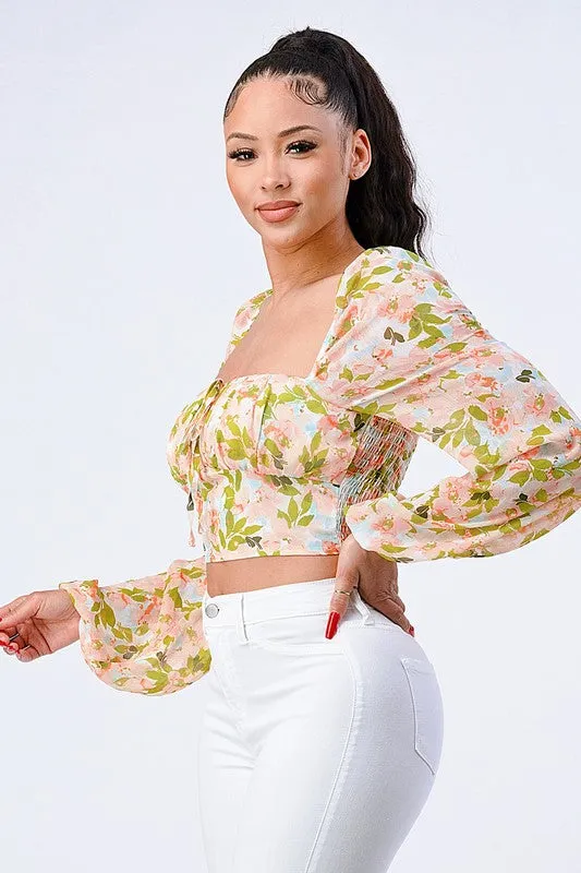 FLORAL SQUARE NECK SMOCKED LONG BUBBLE SLEEVES TOP sold by privy product image thumbnail 3