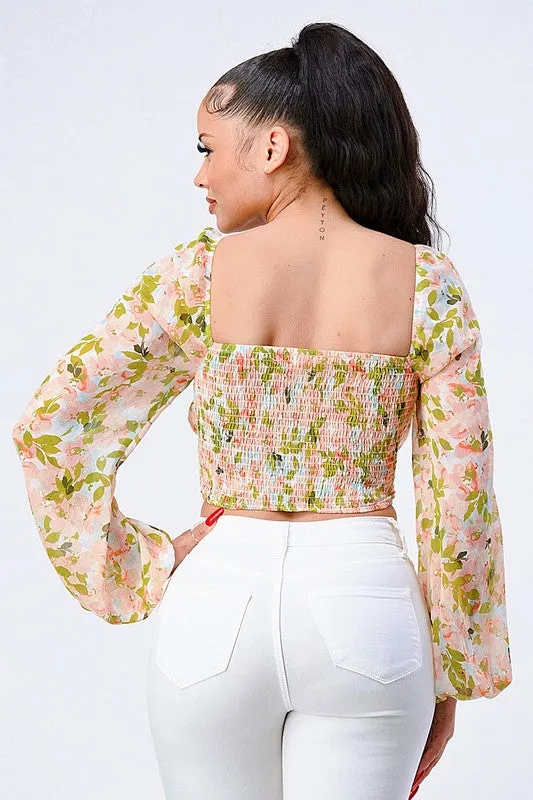 FLORAL SQUARE NECK SMOCKED LONG BUBBLE SLEEVES TOP sold by privy product image thumbnail 4