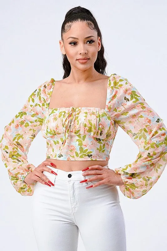 FLORAL SQUARE NECK SMOCKED LONG BUBBLE SLEEVES TOP sold by privy
