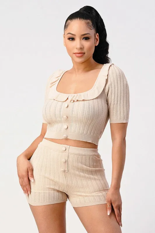 PS8583C-W / TIGHT KNIT BUTTON DETAIL V-NECK TOP AND SHORTS SET sold by privy