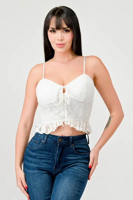 SUPER STRETCH LACE DRAWSTRING RUFFLE CROP CAMI TOP sold by privy