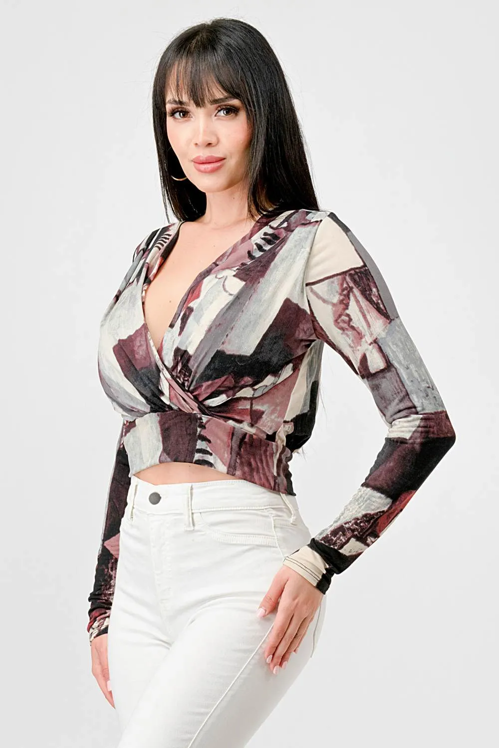LUXE ABSTRACT ITY PRINT WRAP CROPPED BLOUSE TOP sold by privy product image thumbnail 2