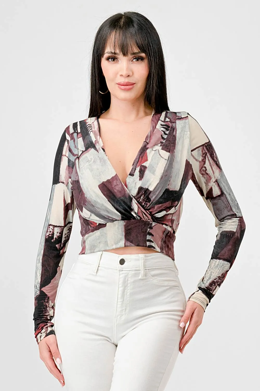 LUXE ABSTRACT ITY PRINT WRAP CROPPED BLOUSE TOP sold by privy